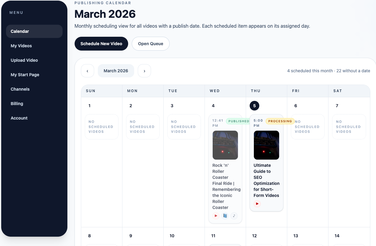 VidSyndicate publishing calendar showing scheduled video posts and open dates