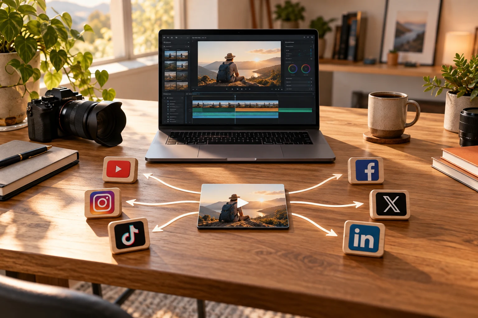 A creator distributing one finished video across multiple social platforms