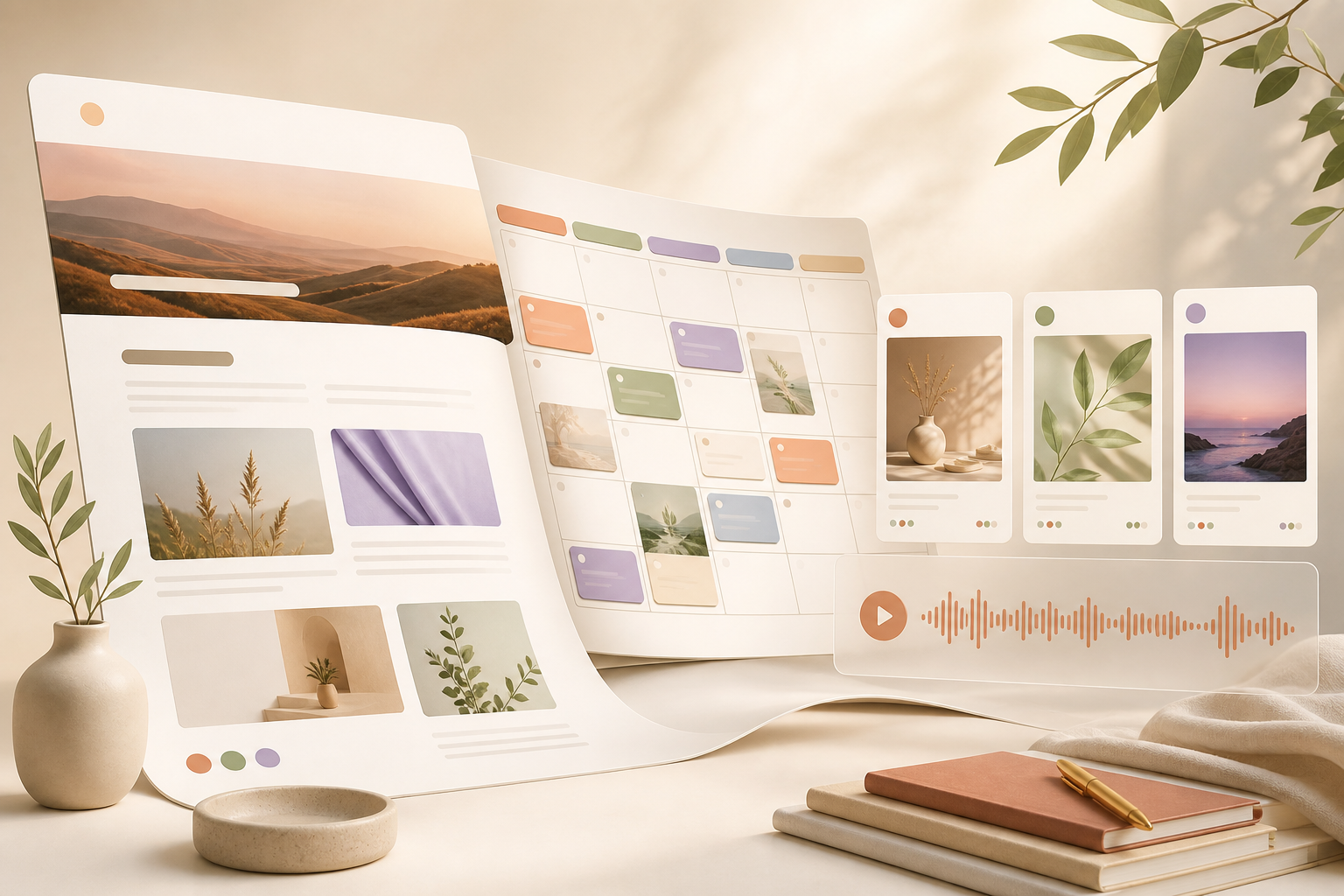 A website becoming a visual content calendar, social posts, video, and podcast media