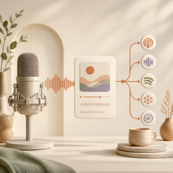 A podcast microphone and episode flowing to podcast destinations