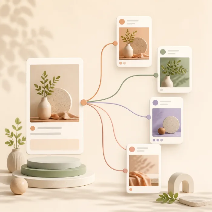 One source content card flowing into multiple social campaign cards