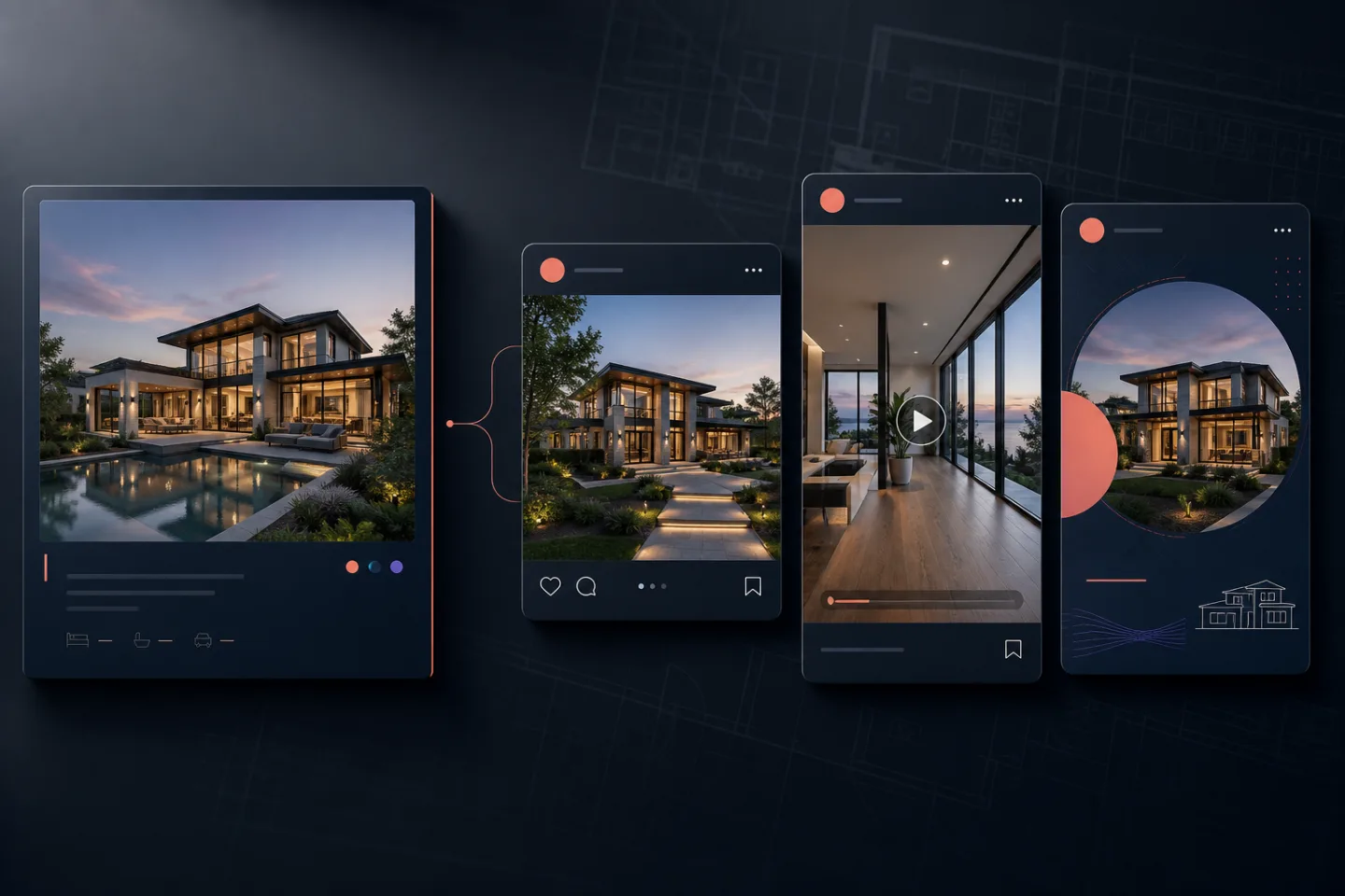 A real estate listing transformed into coordinated photo, video, and announcement social posts
