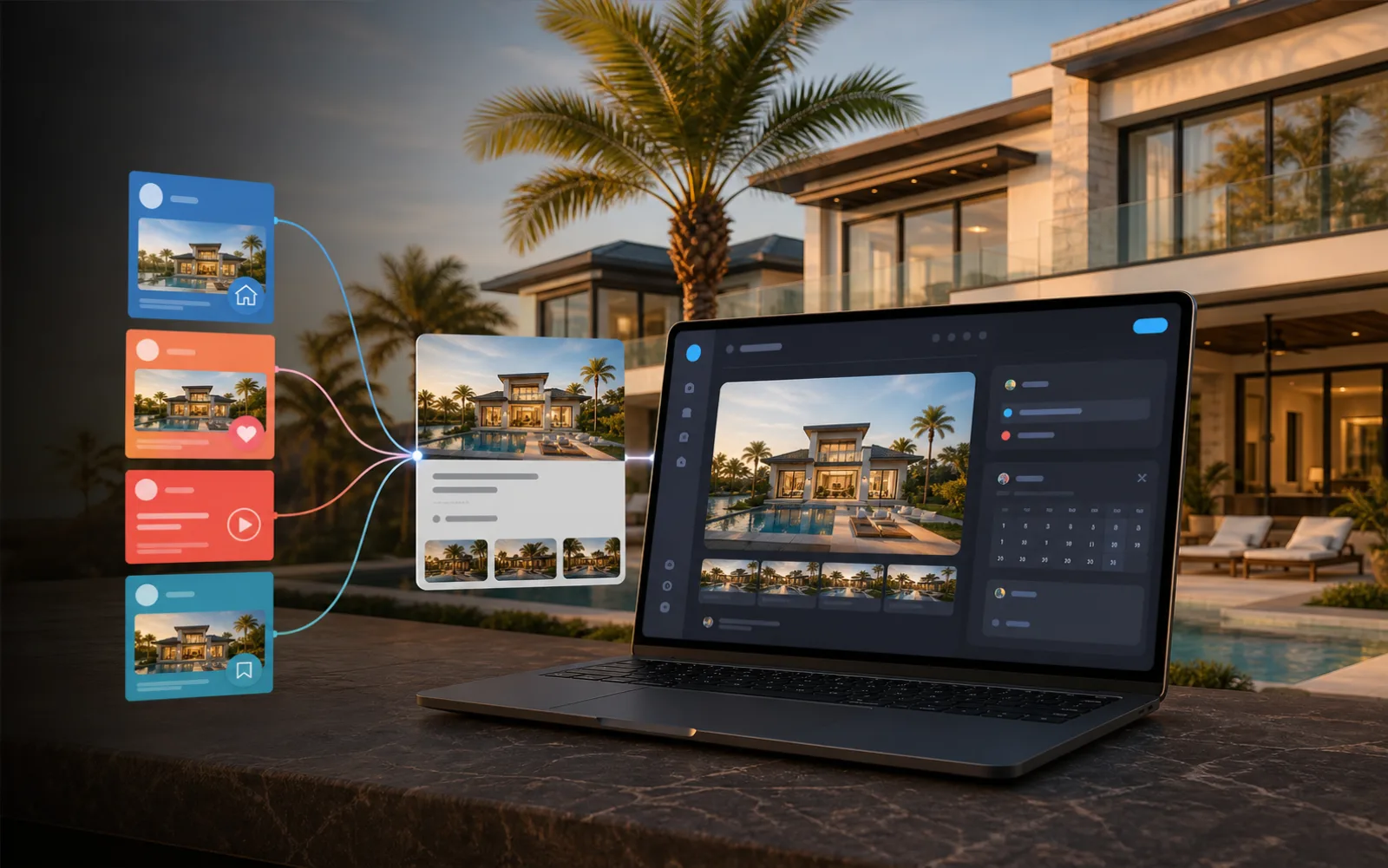 Modern home listing flowing from a central publishing dashboard into multiple social posts