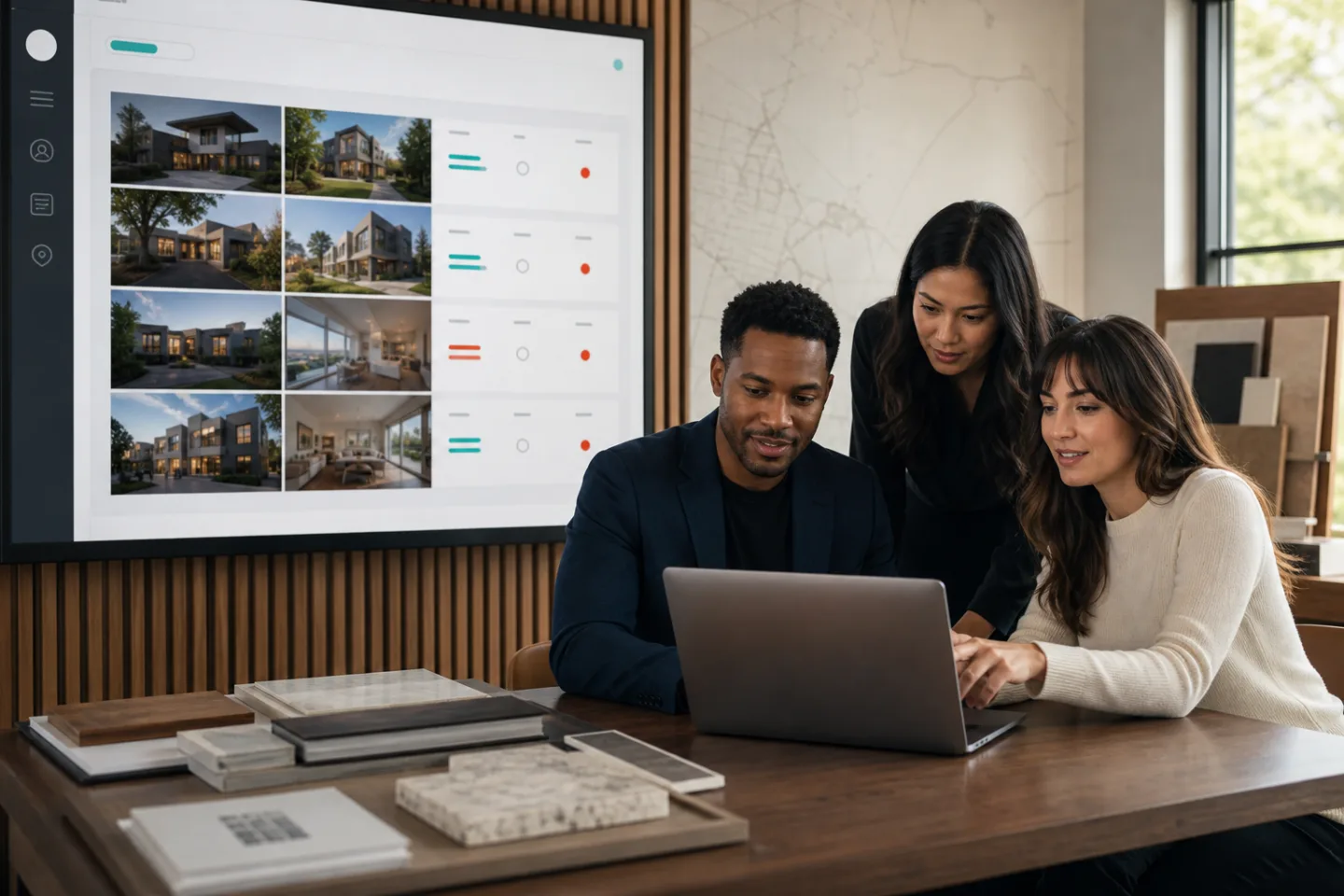 A small real estate team reviewing property publishing campaigns from a centralized workspace