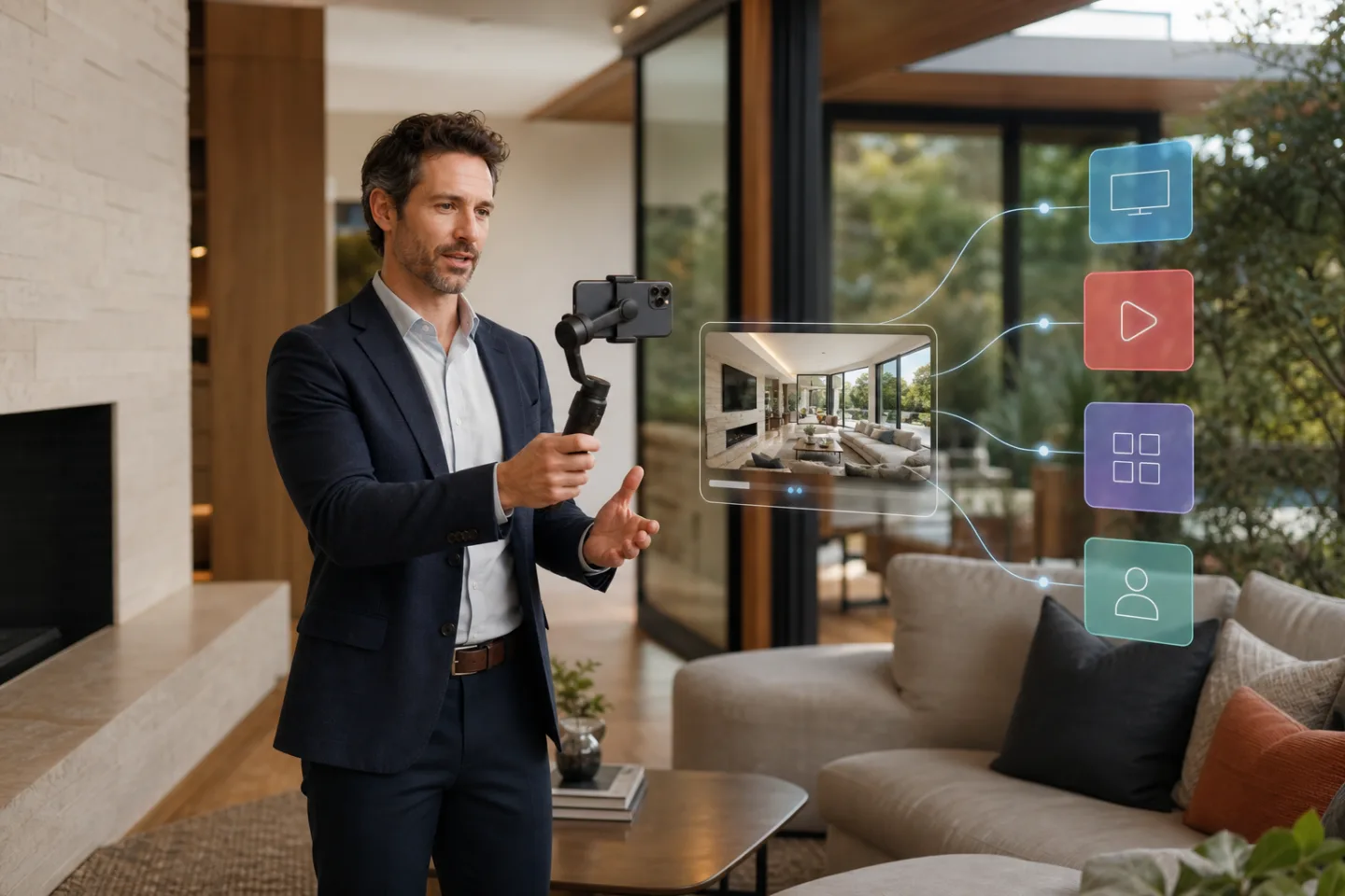Real estate agent recording a home walkthrough for distribution across social channels